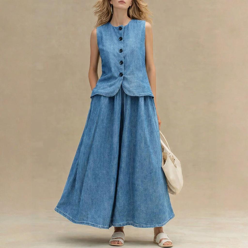 Ladies' Casual Round Neck Sleeveless Loose Denim Top And High Waisted A-line Skirt Denim Suit