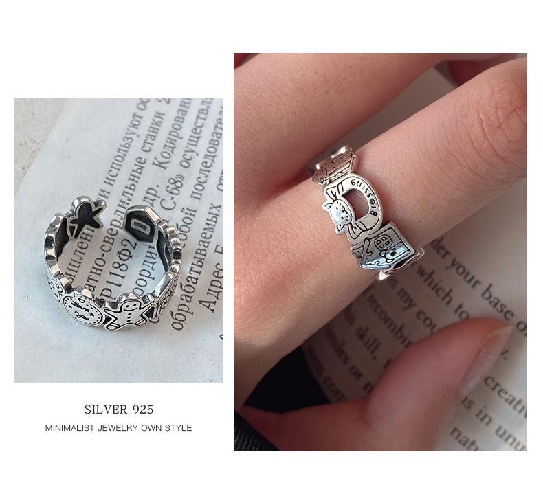S925 Sterling Silver Graffiti Gingerbread Man & Bear Christmas Ring: Women's Retro Open Index Finger Style