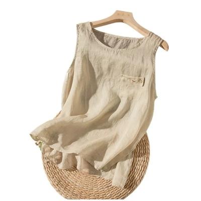 Damen ärmelloses Top aus Leinenmischung, Rundhalsausschnitt, lässig, lockere Passform, Tanktop mit Tasche