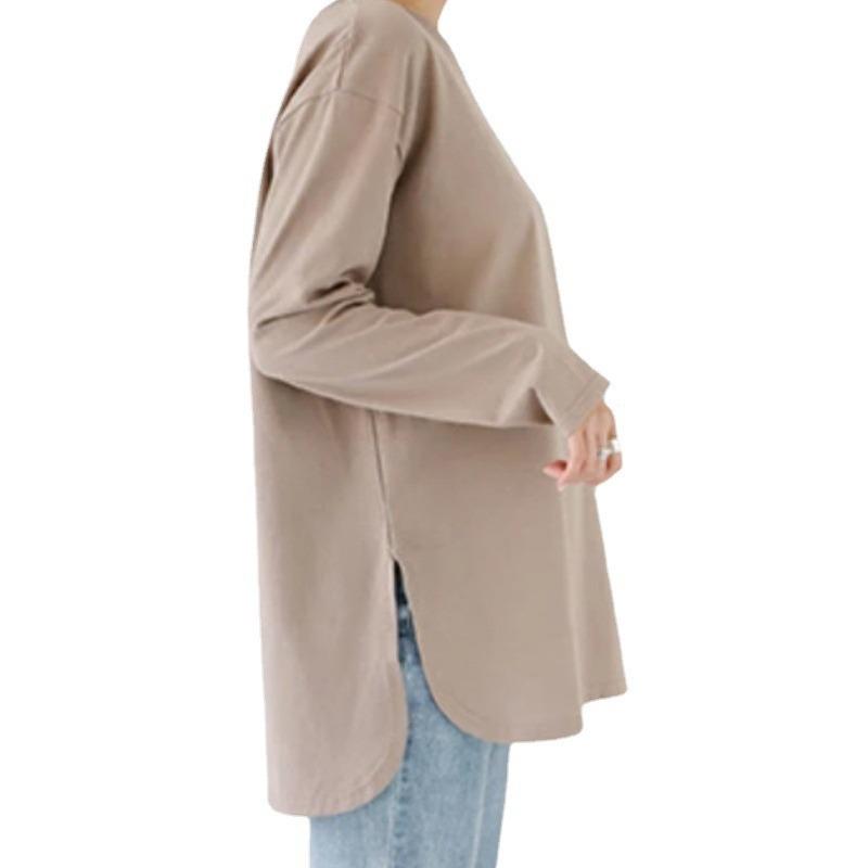 

Свободная и повседневная однотонная женская футболка из чистого хлопка с круглым вырезом и длинными рукавами L