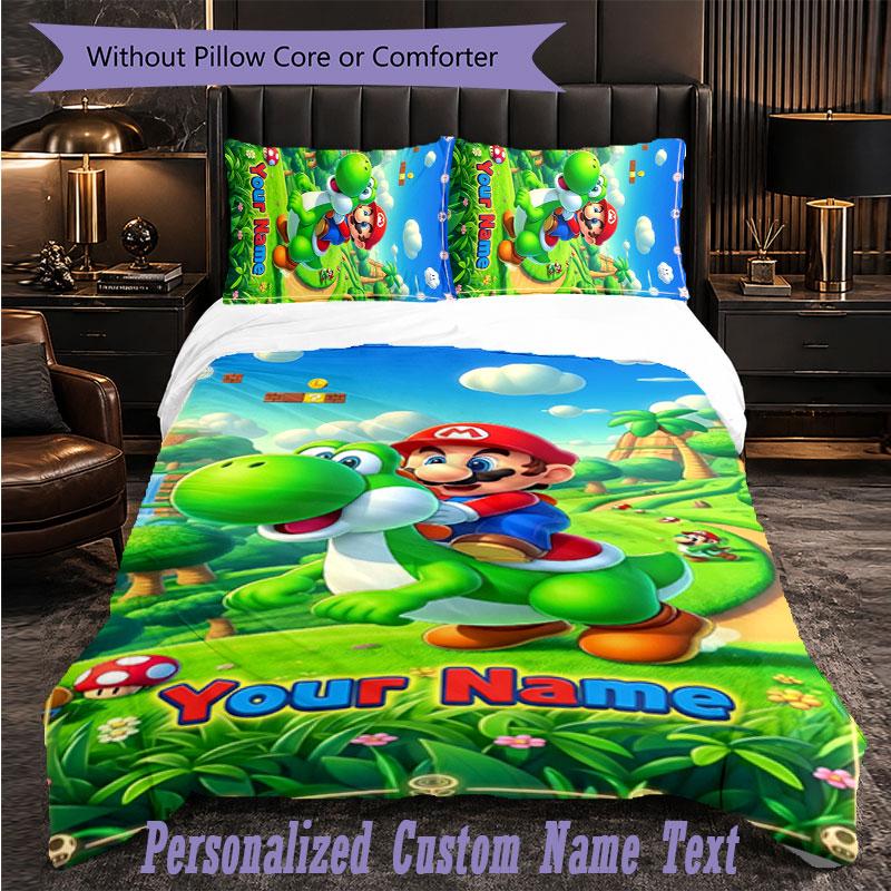 Personalized 3Pcs Bedding SetSuper Mario Custom Text Duvet Cover Pillowcase Set Bedroom Gift