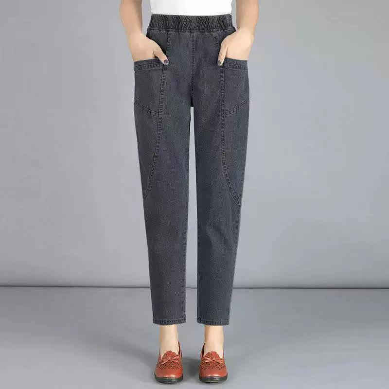 Women Casual Denim Ankle-length Pants Vintage Mom Baggy Vaqueros Elastic High Waist Spring Summer Harem Jeans
