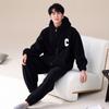 Men's Coral Fleece Lined Hooded Thickened Sleepwear Cardigan Home Clothes Sports Set Winter Warm Cozy Flannel Pajamas Suit