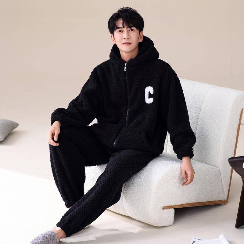 Men's Coral Fleece Lined Hooded Thickened Sleepwear Cardigan Home Clothes Sports Set Winter Warm Cozy Flannel Pajamas Suit