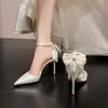 Fashion White Satin Wedding Shoes with Bow High Heels Elegant Bridal Shoes for Women