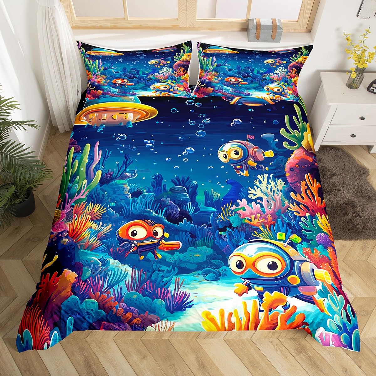 

Submarine Duvet Covers For Kids Boys Girls Queen Size Lightweight Down Quilt Covers 2 Pillowcases 1 Comforter Cover No Comforter EU Single(135x200cm)