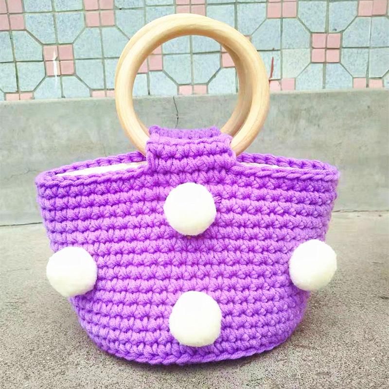 Yarn Knitting Pompom Bucket Handbag - Trendy Crochet Finished Women's Portable Bag