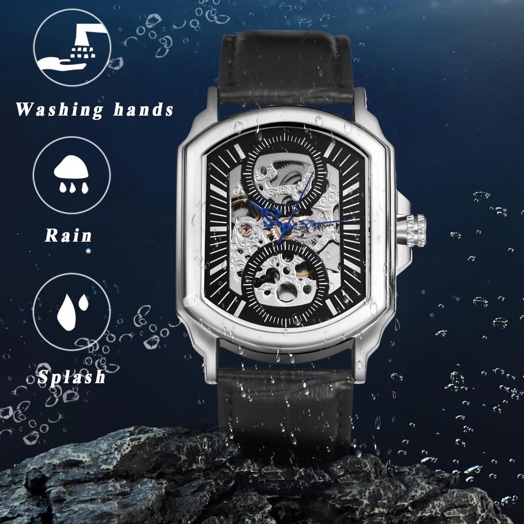 Automatic Watch with Genuine Leather Strap and Waterproof Stylish Square Quartz Watch in Black Perfect Gift for or Day Men's Design - Birthdays,