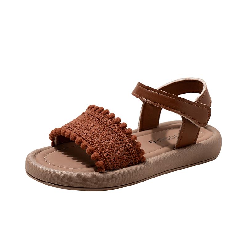 

Girls Sandals Weave Retro Soft Sole Kids Princess Shoes Open Toes Soild Color 2025 Summer New Children Beach Shoes Ethnic Style 26 коричневый