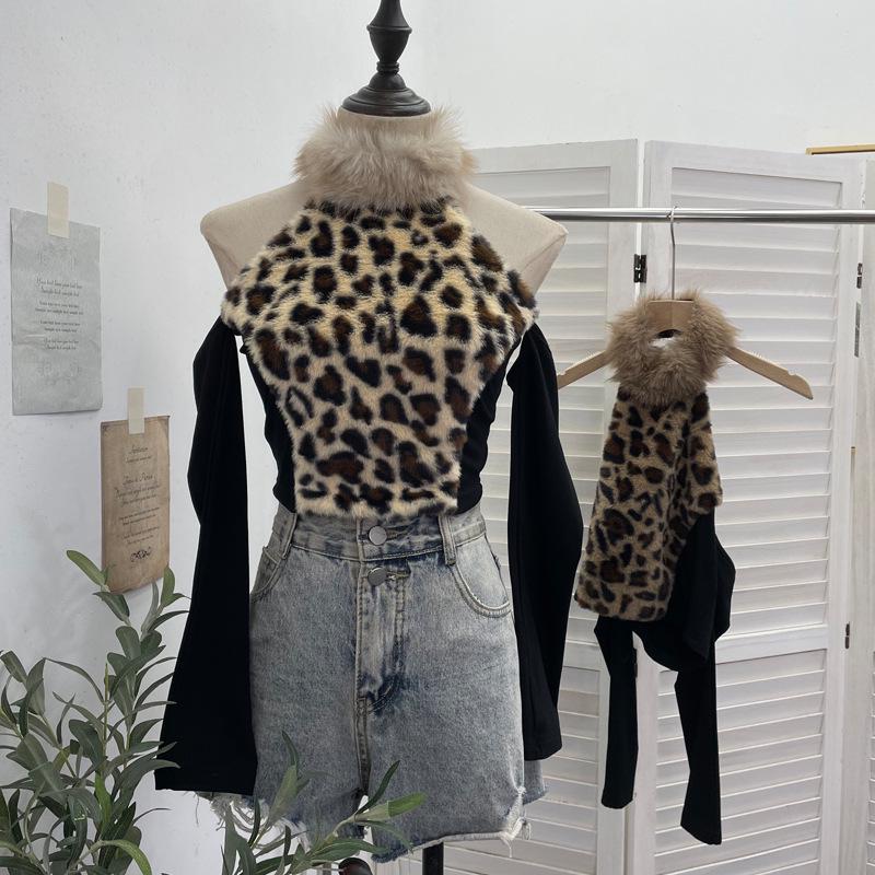 Leopard Print Fluffy Off-Shoulder Long Sleeve Halter Neck Women's Retro Short Top