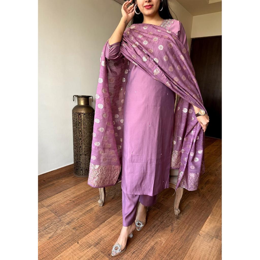 Indian Viscose Chanderi Kurta Pant Set Women Wedding Wear Top Tunic Kurti Set VDS-1697