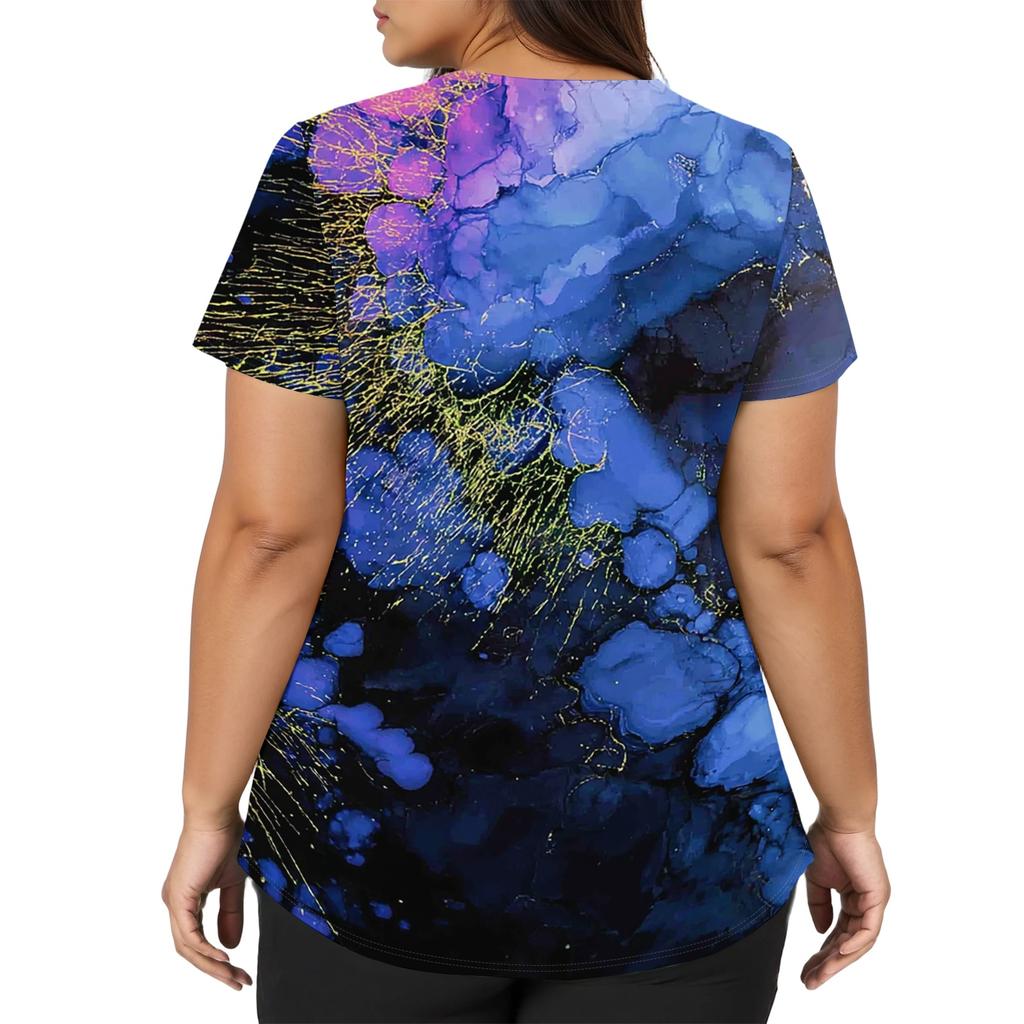 Damen-Nurses-Top mit strukturiertem Print, V-Ausschnitt, kurzen Ärmeln, zwei Taschen und seitlichem Schlitz am Saum, Medizinische Uniform