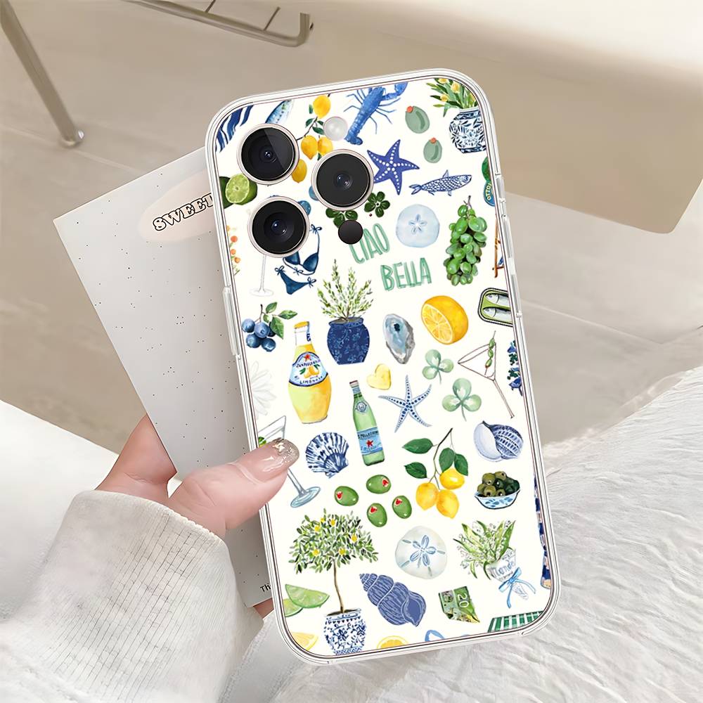 Seaside Scenery Wine Lemon Phone Case For IPhone 17 16 15 14 Plus 13 12 11 Pro Max Phone Back Cover Transparent Shockproof Cover