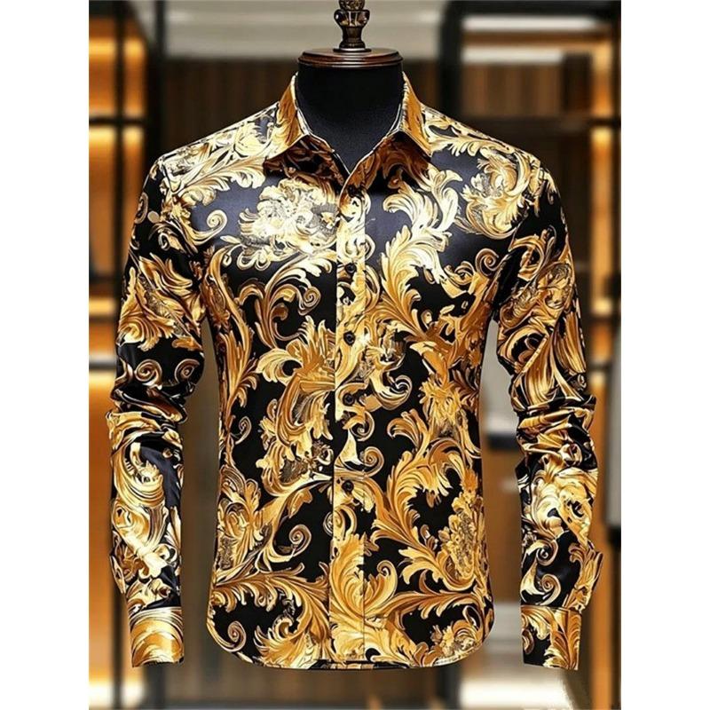 Luxury Men's Satin Long Sleeved Shirt, 3D Printed with Artistic Patterns, Comfortable Casual Vacation Collar Shirt