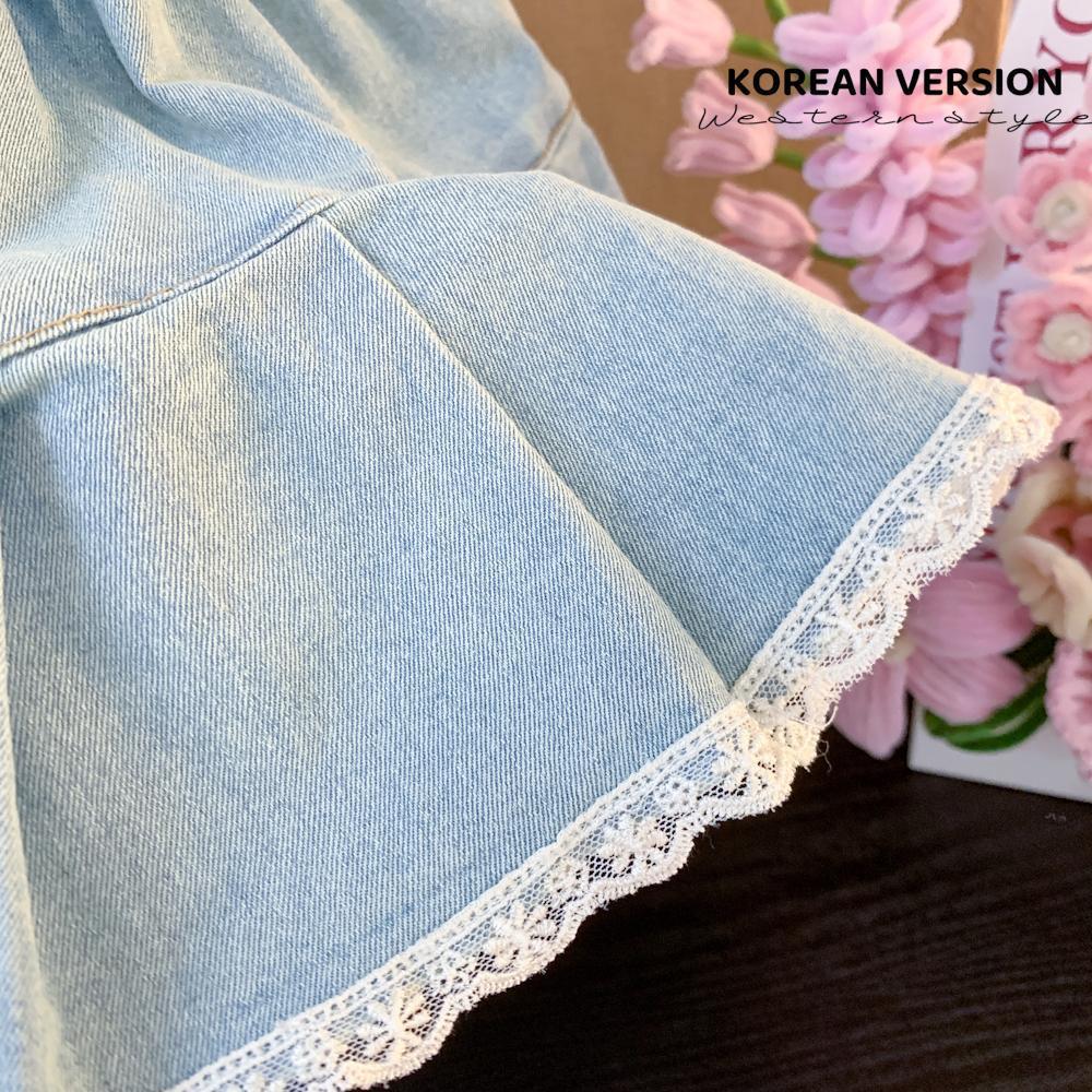 Girls Summer Denim Skirt Cute Korean Style Bow Lace Trim Flared Ruffle Skirt Fashion Toddler Baby Outfit