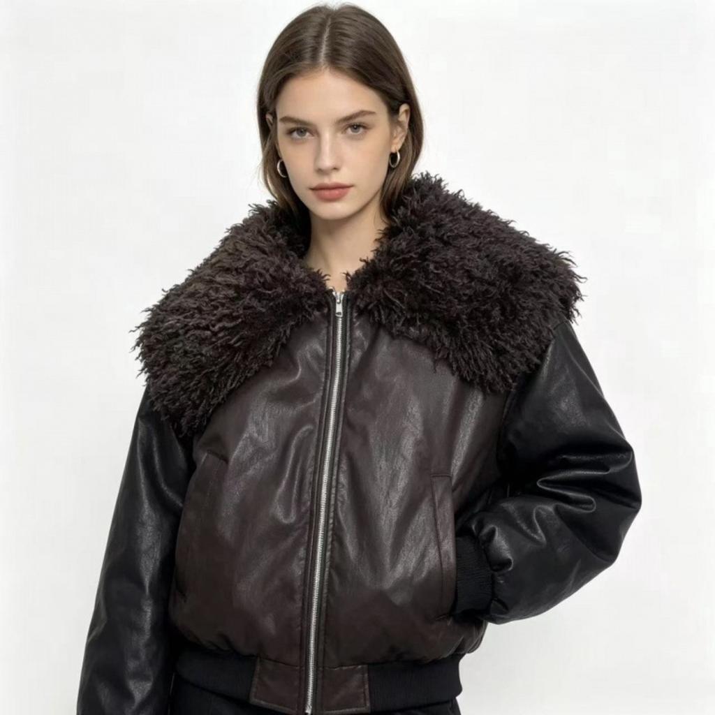 Winter New Pu Down Cotton Jacket Women's Short Lamb Wool Collar Warm Pie Overcome