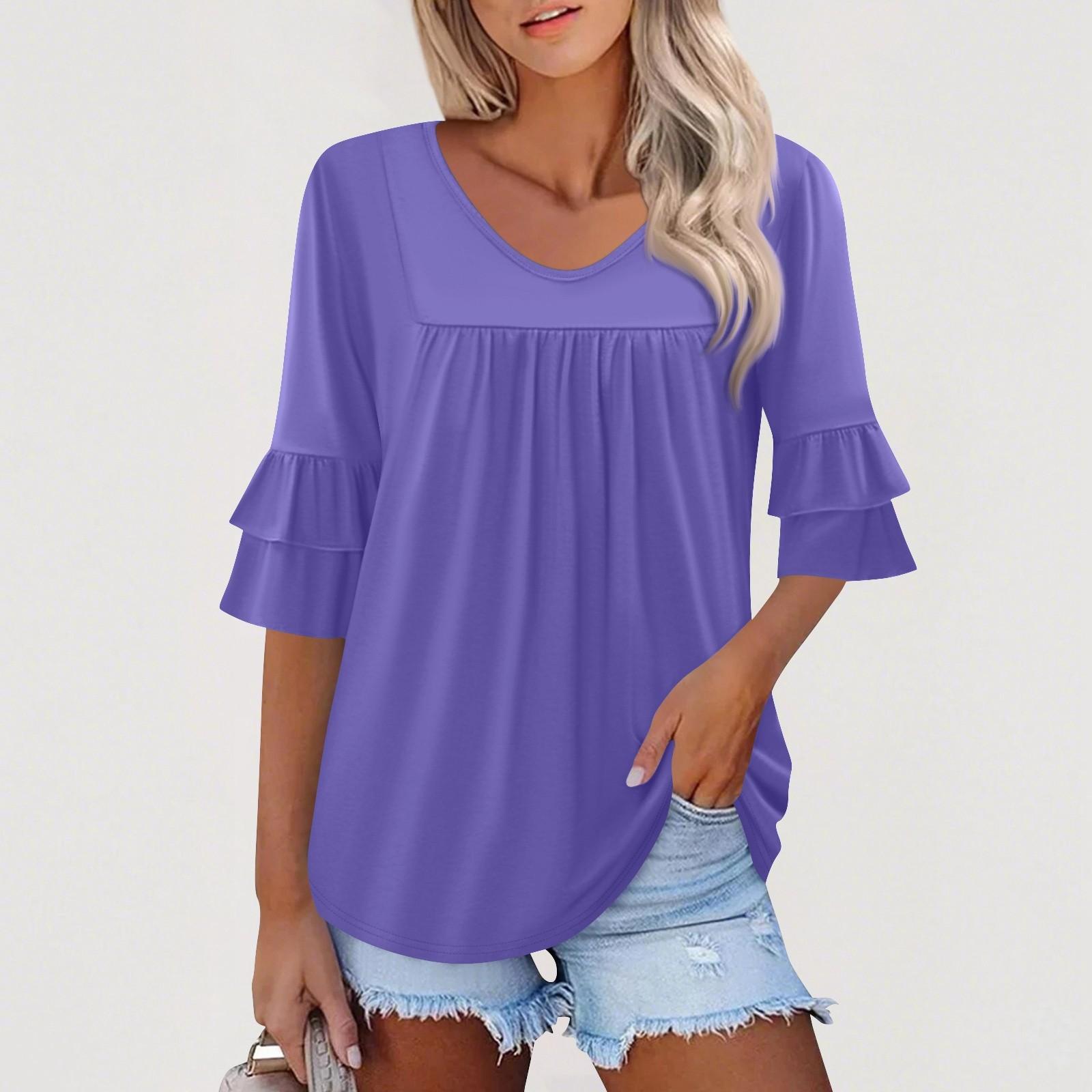 

Жіночий топ з рукавами 3/4, ошатний, повсякденний, блузка, дзвін, рукави з рюшами, вільний крій, туніка, топ з V-подібним вирізом, футболки L фіолетовий