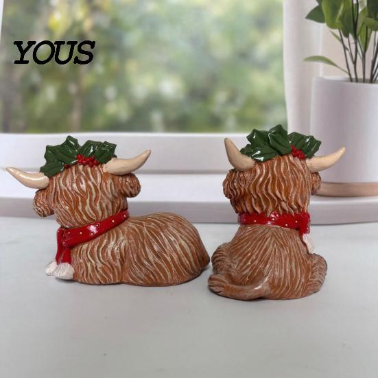 Winter Window Sill Accents 2Pcs Christmas Highland Cow Figurine, Resin Yak Statue with Red Gift for Lovers Scarf, Cute Animal Desktop Ornaments