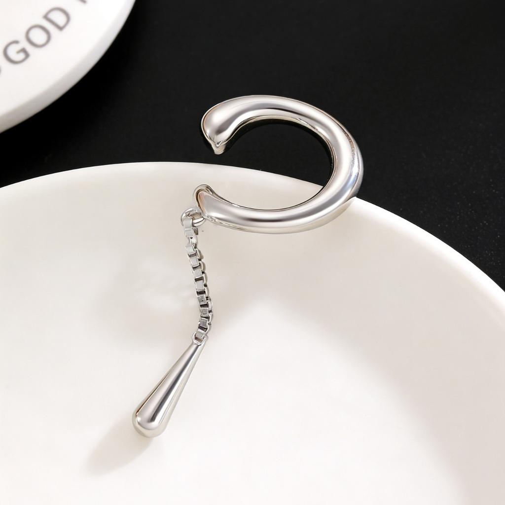 Silver Tone Teardrop Drop Ear Cuff with Chain No Piercing Minimalist Dangle Ear Jewelry for Women