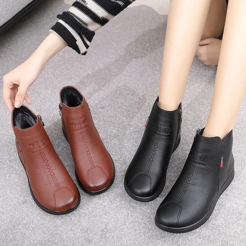 Winter Warm Shoes Woman Black Short Boot With Fur Women's Leather Ankle Boots Women  Waterproof Ladies Zip Up Booties