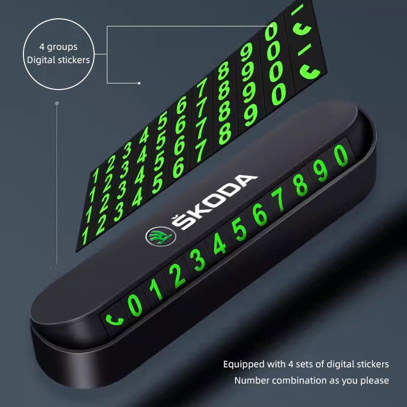 Car Temporary Parking Card Auto Emblem Phone Number Card Plate For Skoda Octavia Superb Rapid Kodiaq Fabia Kamiq Enyaq iV Scala OO777