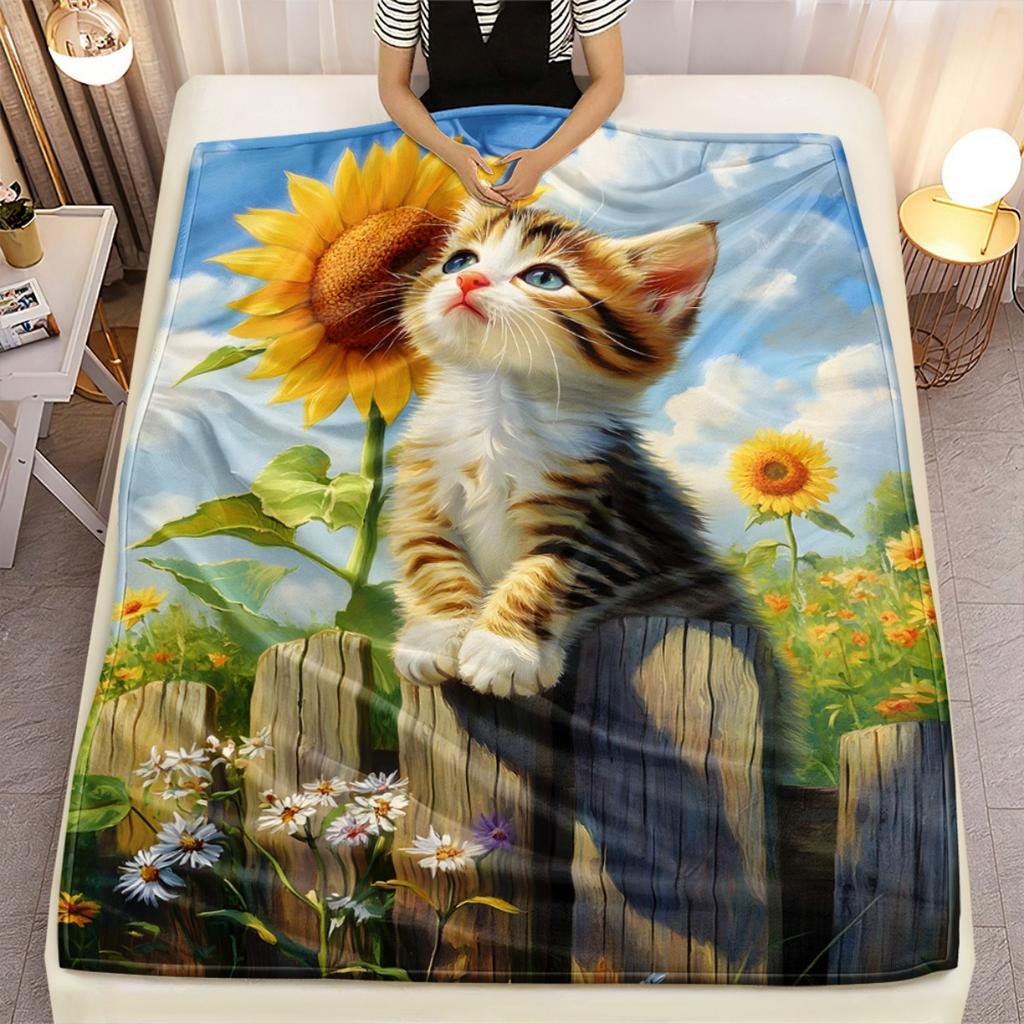 1pc Cute Kitten on Sunflower Field Fleece Blanket Flannel Throw Adorable Cat Art Bed Cover Summer Garden Theme Kids Room Decor