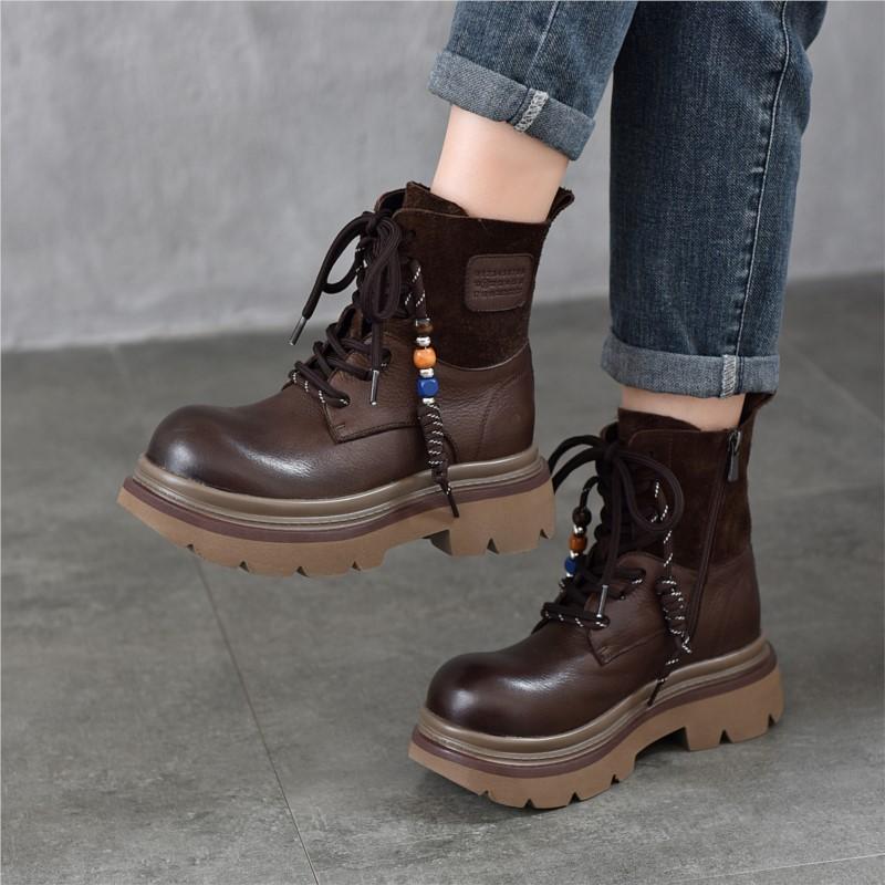 Johnature Thick Soled Cowhide Lace Up Short Boots Retro Side Zipper Genuine Leather Women's Boots