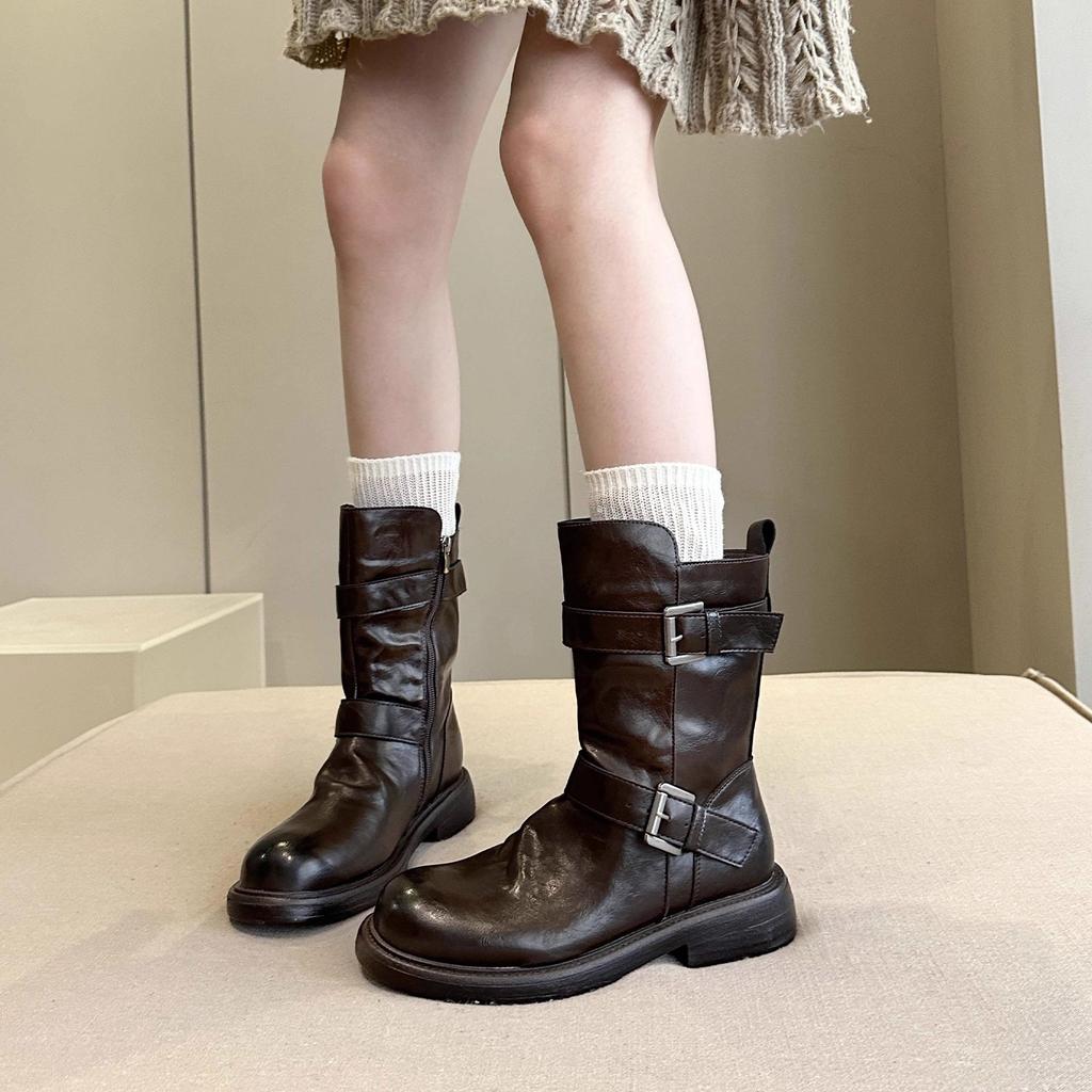 Western Boots Women's 2025 Autumn and Winter New Leather Retro Belt Buckle Martin Boots Fashionable Versatile British Style Knight Boots