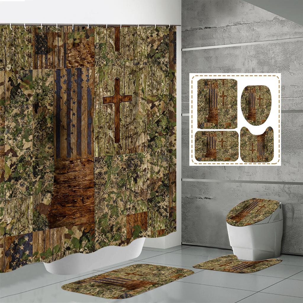 4PCS  Shower Curtain Sets With Shower Curtain And Rugs Toilet Lid Rug U Shape Mat And Bath Mat Bathroom Set  With 12 Hooks