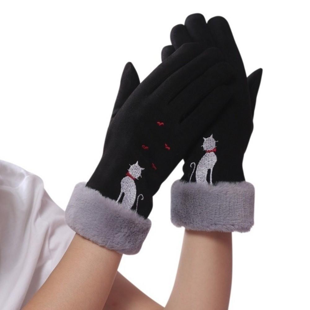 New Warm Winter Gloves Full Finger Windproof Driving Mittens Cat Embroidery Coldproof Touch Screen Gloves Women