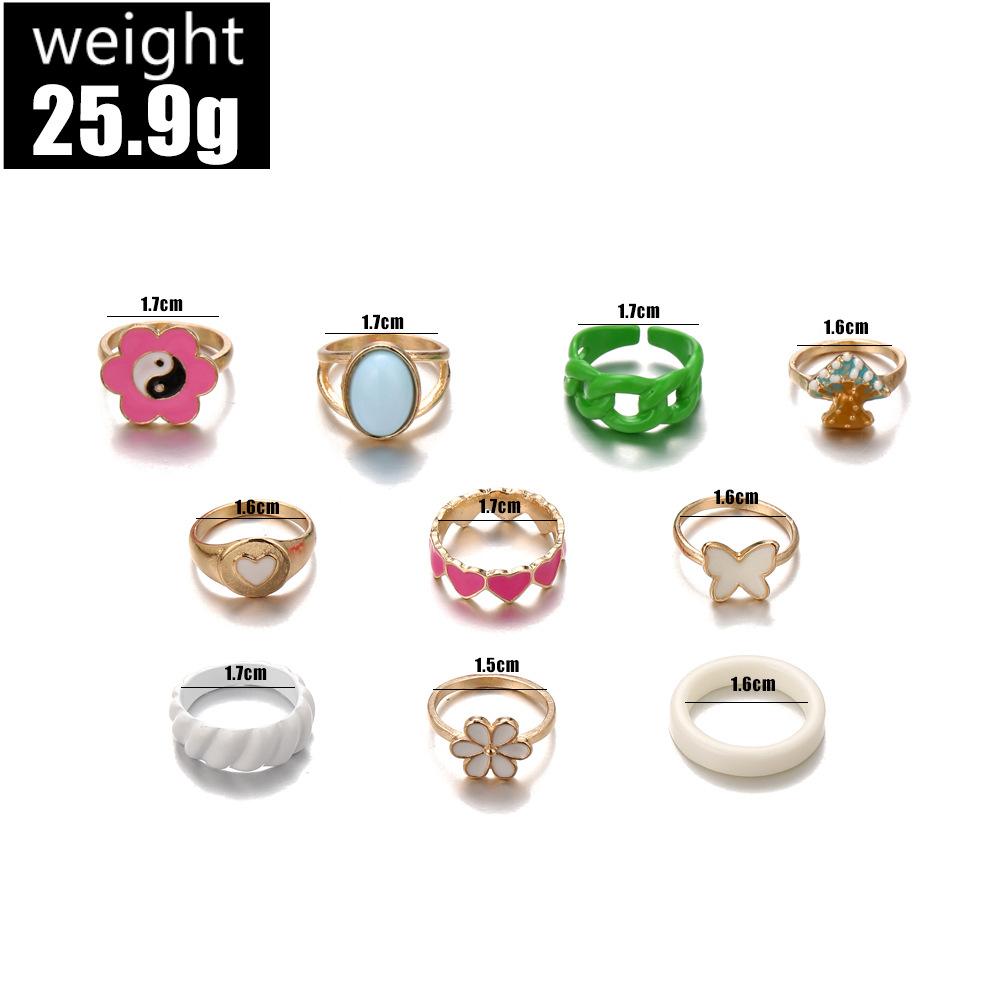 Fashion Personality Colored Butterfly Flower Mushroom Love 10-Piece Set Drip Oil Ring