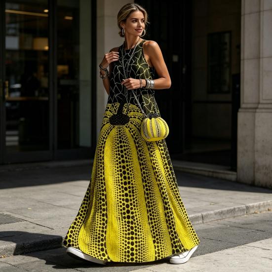Vestido Maxi de Verano para Mujer, Vestido Largo Estampado sin Mangas de Cuello Redondo, Atuendos Casuales Fluidos para Vacaciones con Bolsillos