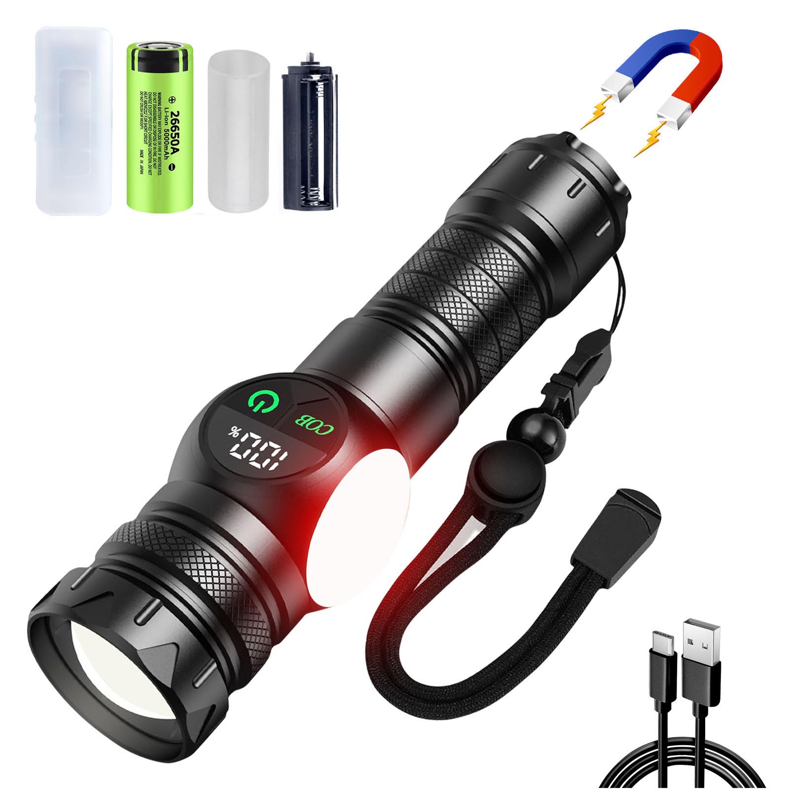 

TACLUME Мощный фонарик Новейший улучшенный перезаряжаемый фонарик с литиевой батареей 5000 мАч Мощный светодиодный фонарик с до 15 часов чёрный