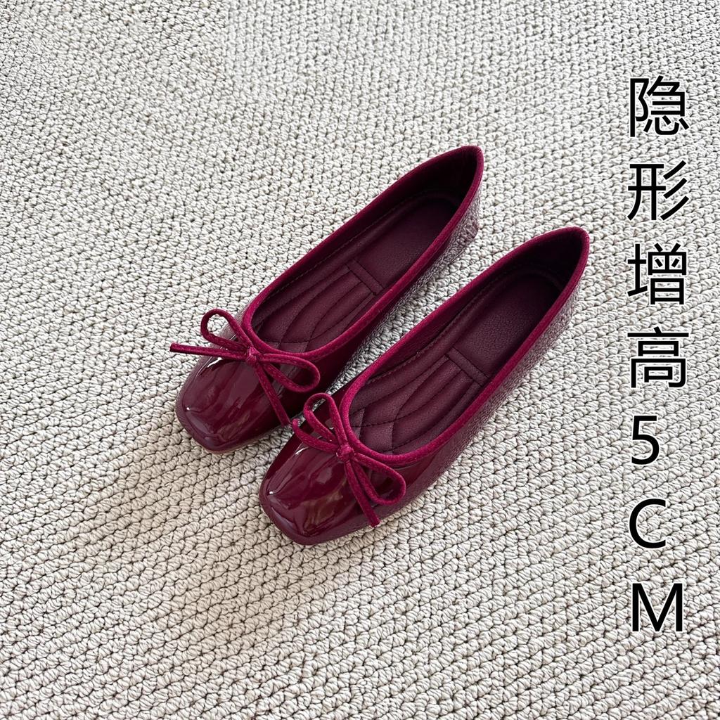 Sheepskin~ Invisible inner height increase 5cm Shoes Versatile bow single shoes Women's head leather light mouth ballet flats