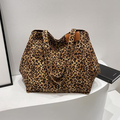 Bolsa de lona com estampa de leopardo feminina de grande capacidade 2025 nova bolsa de ombro portátil da moda bolsa versátil para mamãe