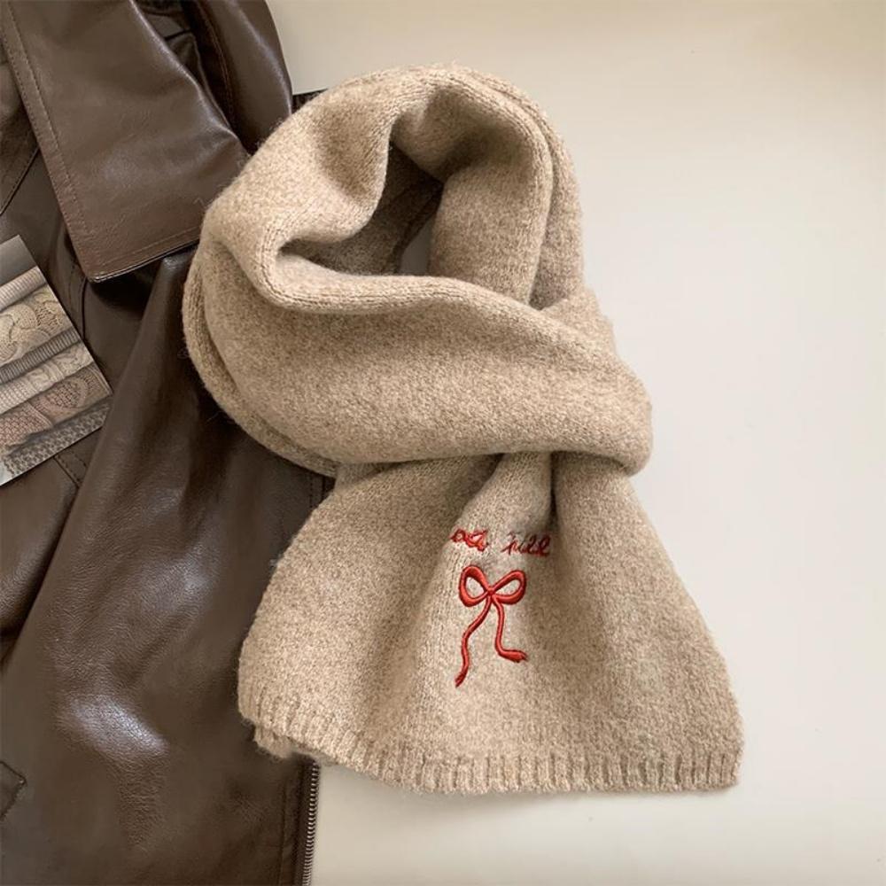 Bow Embroidered Scarf Thick Winter Wool Scarf Fashion Neckerchief Stylish Solid Color Scarf For Everyday Wear Gifts Winter Wear