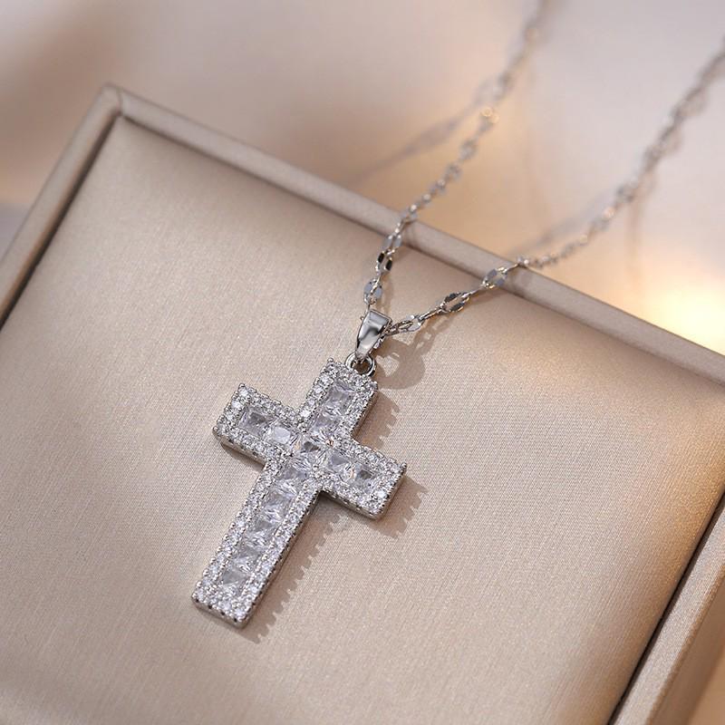 Damen Bunte Zirkon Kreuz Halskette - Nischendesign mit Voll-Diamant-Anhänger an Edelstahlkette