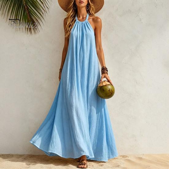Non-sticky Fabric Dress Women Halter Neck Maxi Linen Dress, Sleeveless A-Line Loose Pleated Texture Casual Long Summer Flowy Vacation Beach
