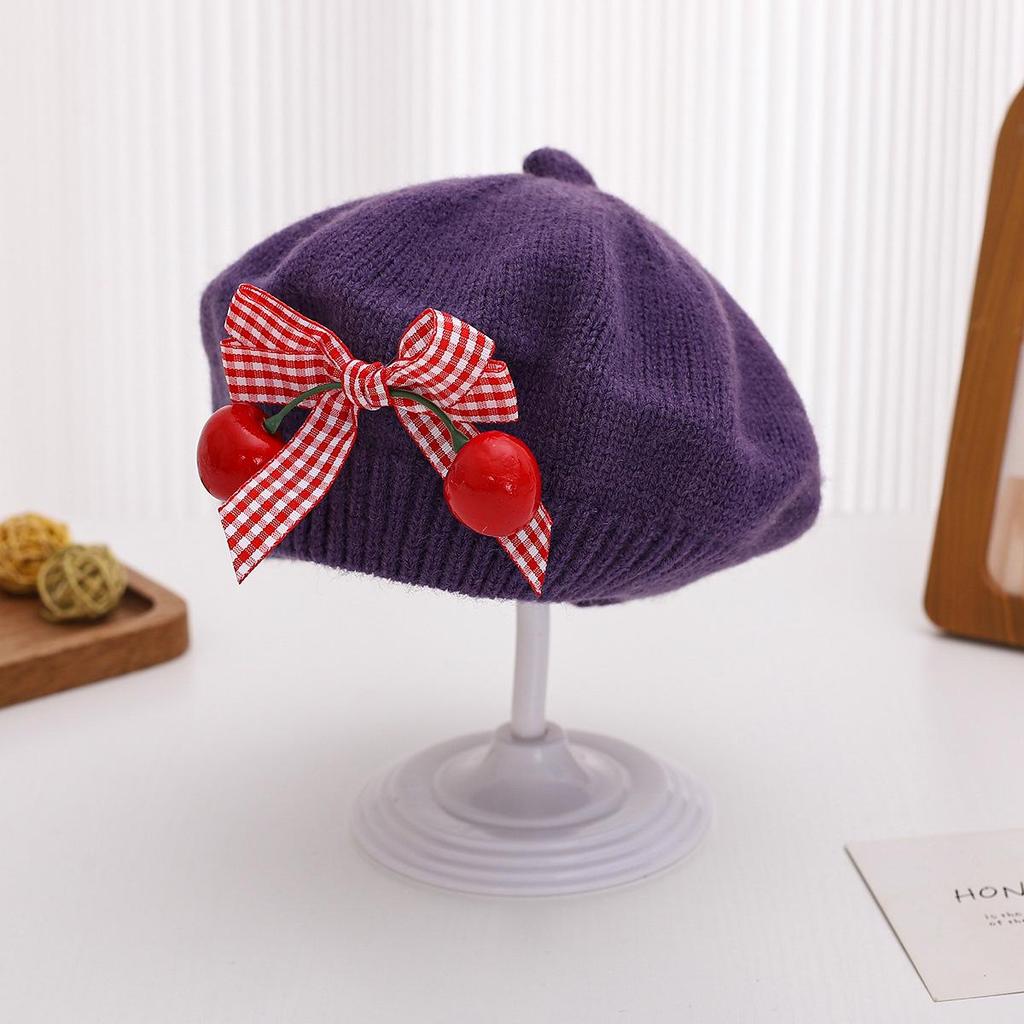 Charming Woolen Beret with Bow & Cherry for Kids - Autumn & Winter Solid Color Hat