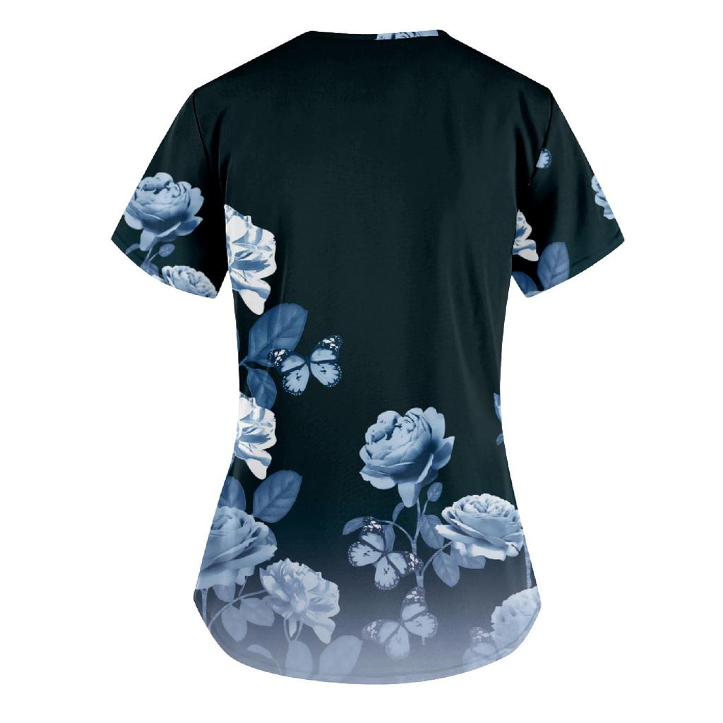 Women's Fashion Printed Work Uniform With Pocket T-Shirt Short Sleeve Top
