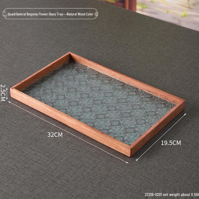New Chinese Style Solid Wood Begonia Glass Serving Tray