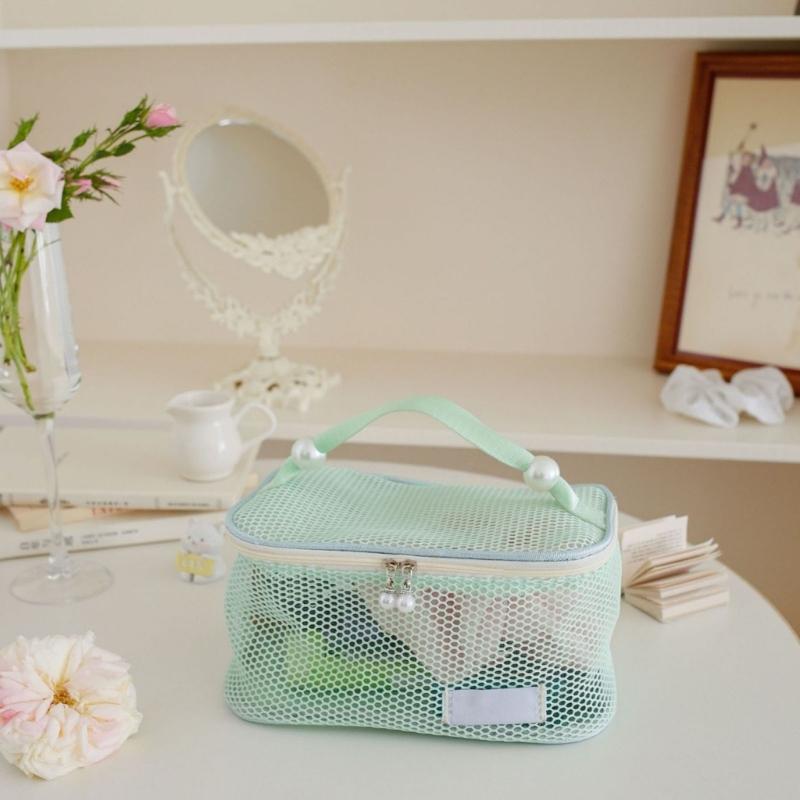 Spacious Nylon Mesh Makeup Bag Cosmetic Organizers Zippers Closures for Travel Bathroom Storage