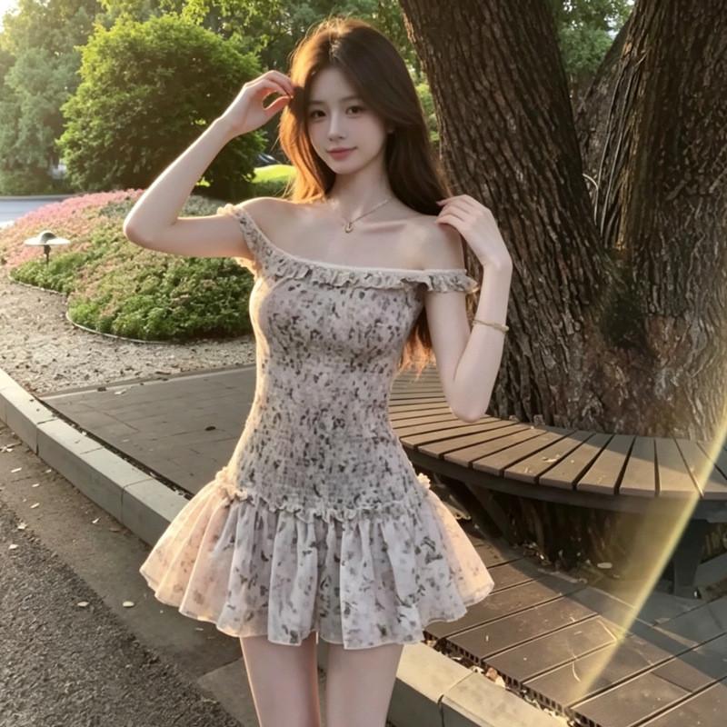 Elegant Floral One Shoulder Dress With Polyester Fabric For Summer Womens Casual Wear