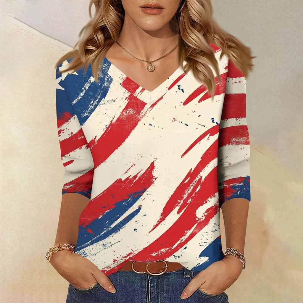 Women's Tops Three-quarter Sleeve Shirt V-neck Loose Casual Shirt Floral Print T-shirt