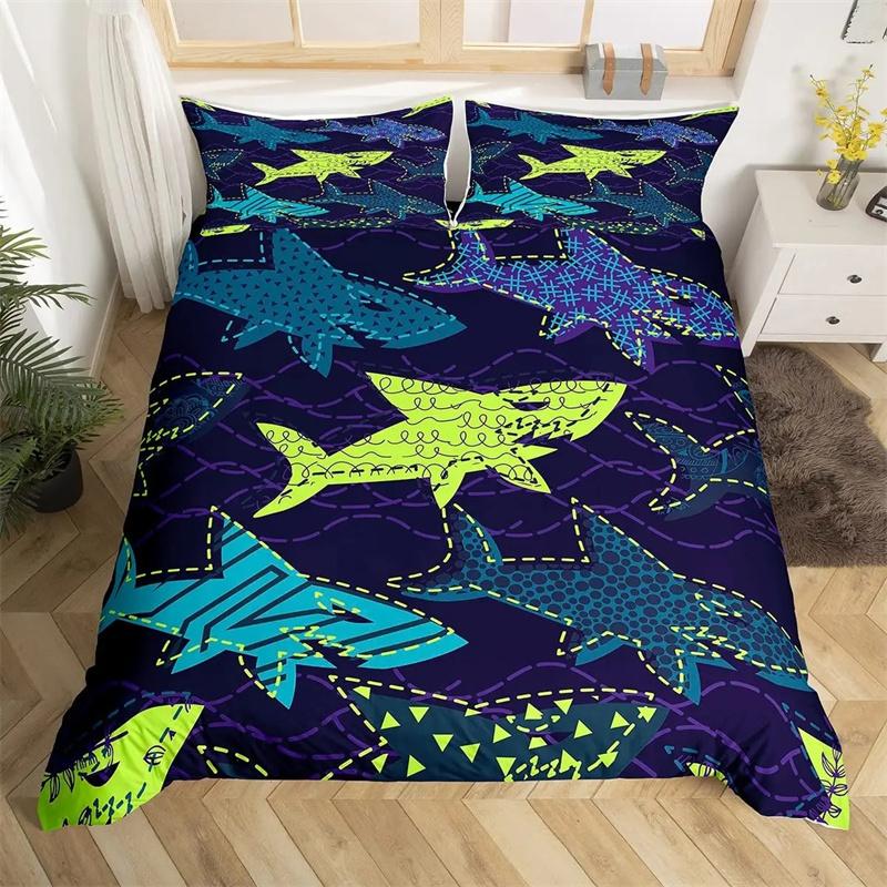 Blått och Vitt Tecknat Hajfiskmönster Barn Påslakan Pojkar Flickor Lyxig Rumsdekoration för Barn Tonåringar Gåva Queen Size