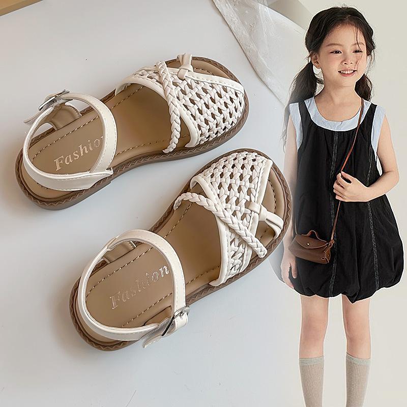 Children's woven hollow sandals2026Summer girls' woven sandals for toddlers, young and older children, open-toed princess solid color sandals
