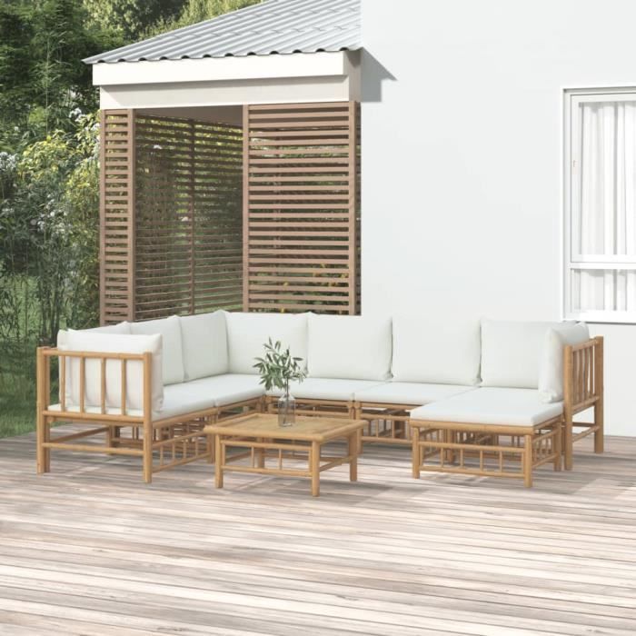 VidaXL Salon de jardin 8 pcs avec coussins blanc crème bambou 3155191