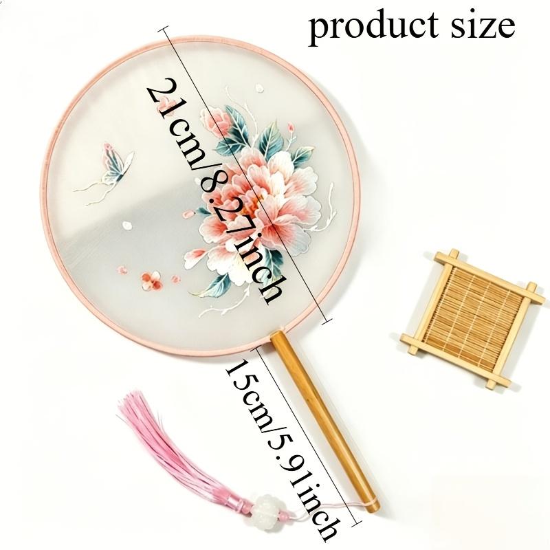 2Each Side of the Embroidered Peony Round Fan Features..8.27inch Tulle Fan Surface and5.9Inch Natural Wood Handle Offers a Smooth and Comfortable
