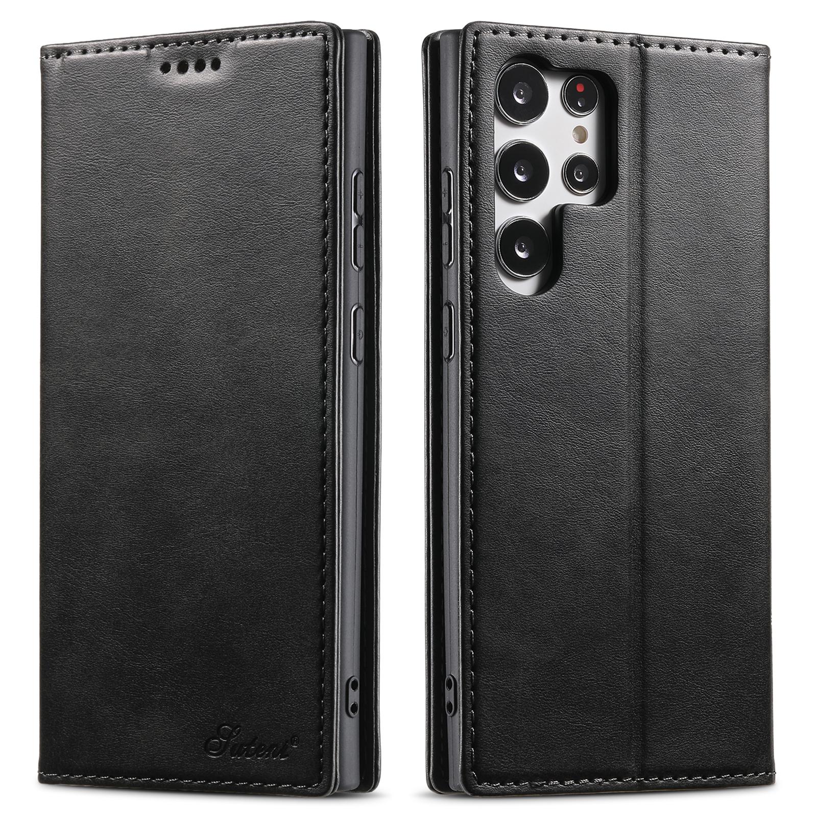 

SUTENI For Samsung Galaxy S23 Ultra Wallet Design Well-protected Automatic Closing Flip PU Leather+TPU Cover Case with Stand Black