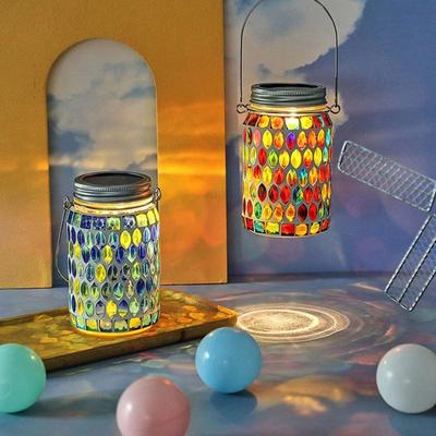 Solar Powered Mosaic Glass Mason Jar Lantern, Colorful Hanging Garden Light, Waterproof Outdoor Decor for Patio Yard